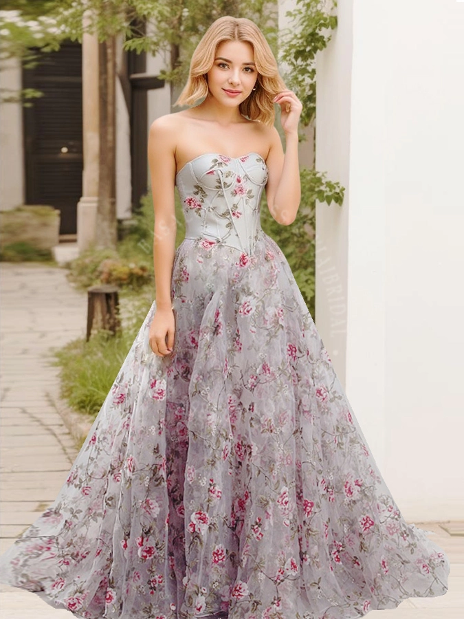Women's Outfit Long Prom Dress RSE865 Boning Top Floral Print Fall Spring Party Dress Prom Dress 1