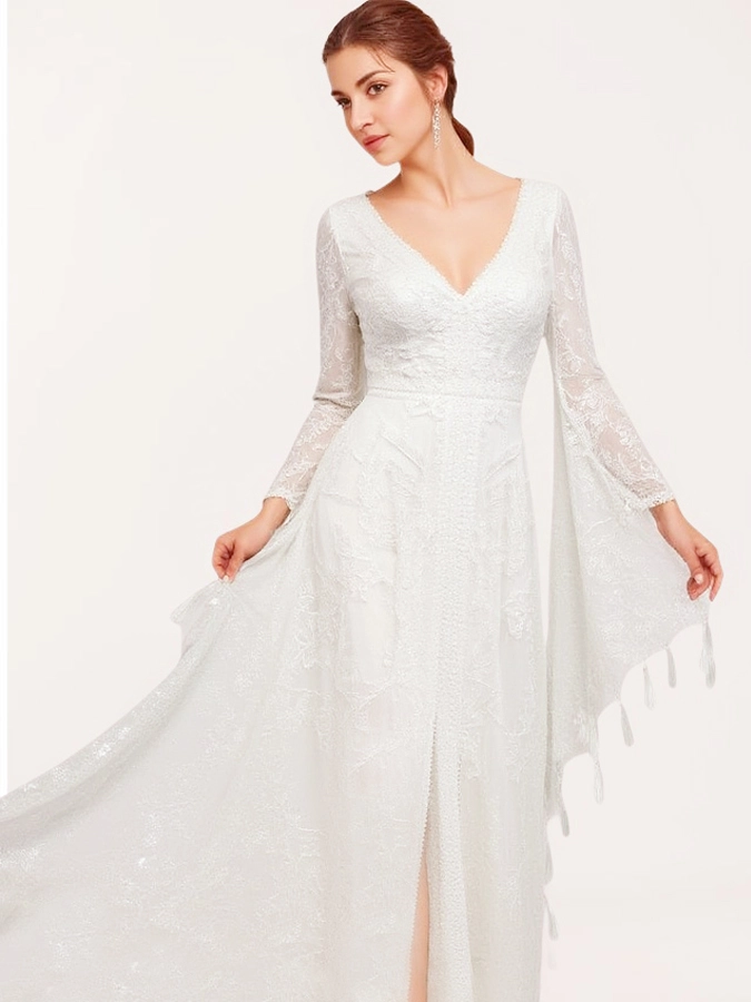 Victorian Lace V Neck Backless Boho Wedding Dress RSW2334 A-Line Beach Bridal Gown With Slit 1