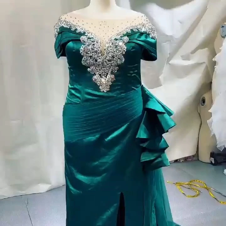 Green Mother Of The Bride Dress RSE937 Elegant Satin Prom Dresses Plus Size Off-Shoulder With High Slit 1
