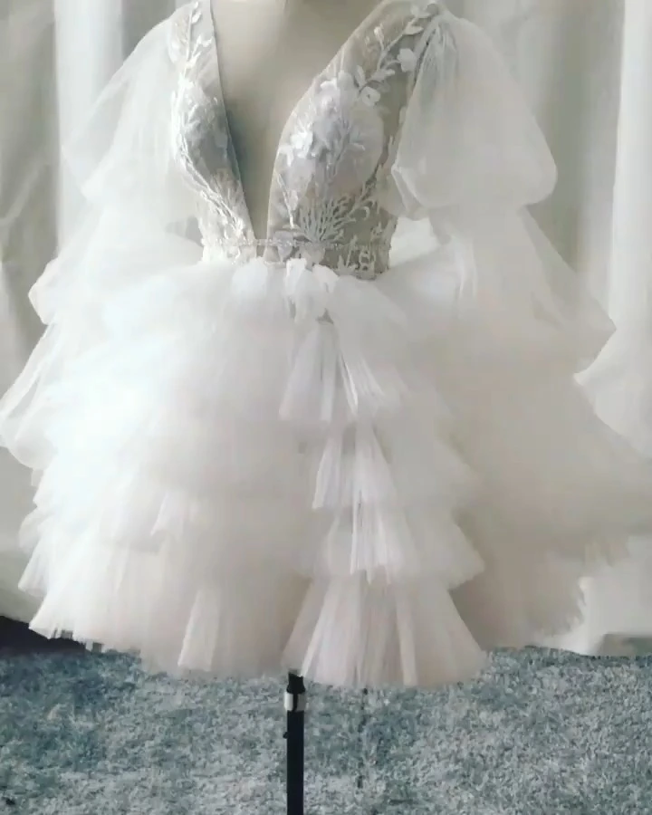 Short Civil Wedding Dress LZF138 Long Puffy Sleeves Ruffle Skirt Fluffy Skirt V Neck Puff Pleat Sleeve Short Prom Dresses 1