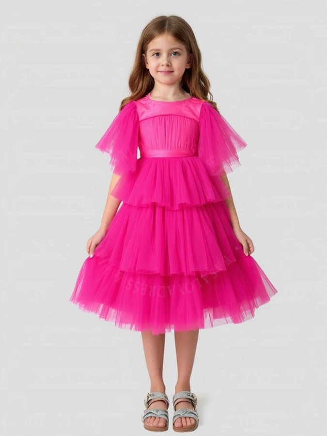 Girls Hot Pink Mesh Birthday Party Dress FG122 Puffy Tulle Skirt O Neckline Tiered Princess Plum Pink Girls Dresses 1
