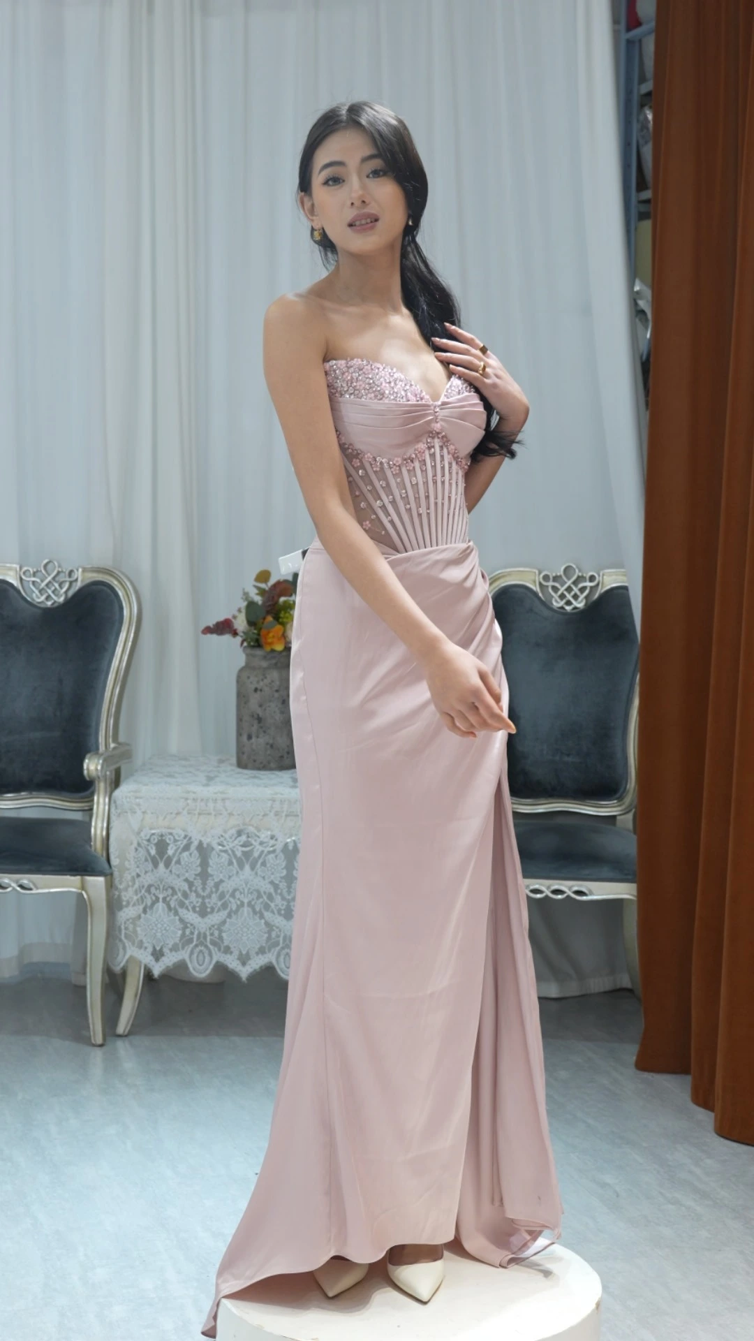 Floral Beaded Sweetheart RSE1074 Satin Strapless Corset Bodice Formal Occasion Dresses 1
