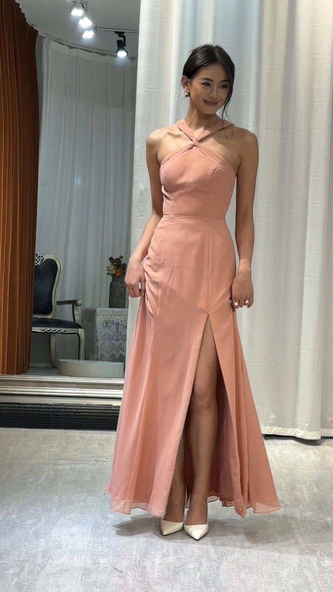 Sexy Chiffon Halter Criss-Cross Side Slit Long Graduation Dress RSE1071 Rose Gold Bridesmaid Dresses 1