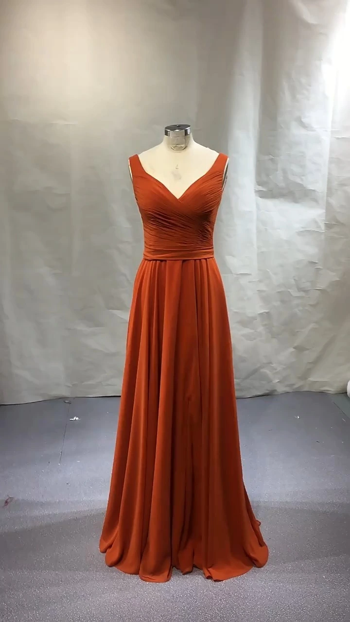 Long Chiffon Wedding Party Gown RSE998 Women's Double V Neck Sky Blue Prom Dress 1