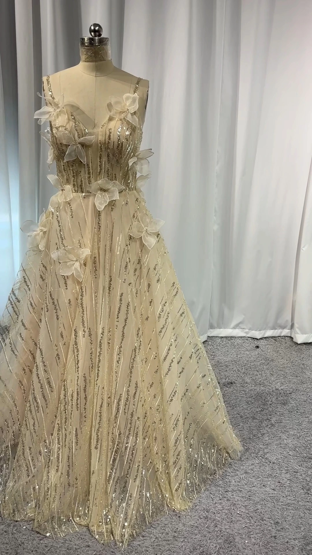Spaghetti Strap See Through Body RSE1046 Spaghetti Strap Champagne Lace Glittery Prom Dress 1