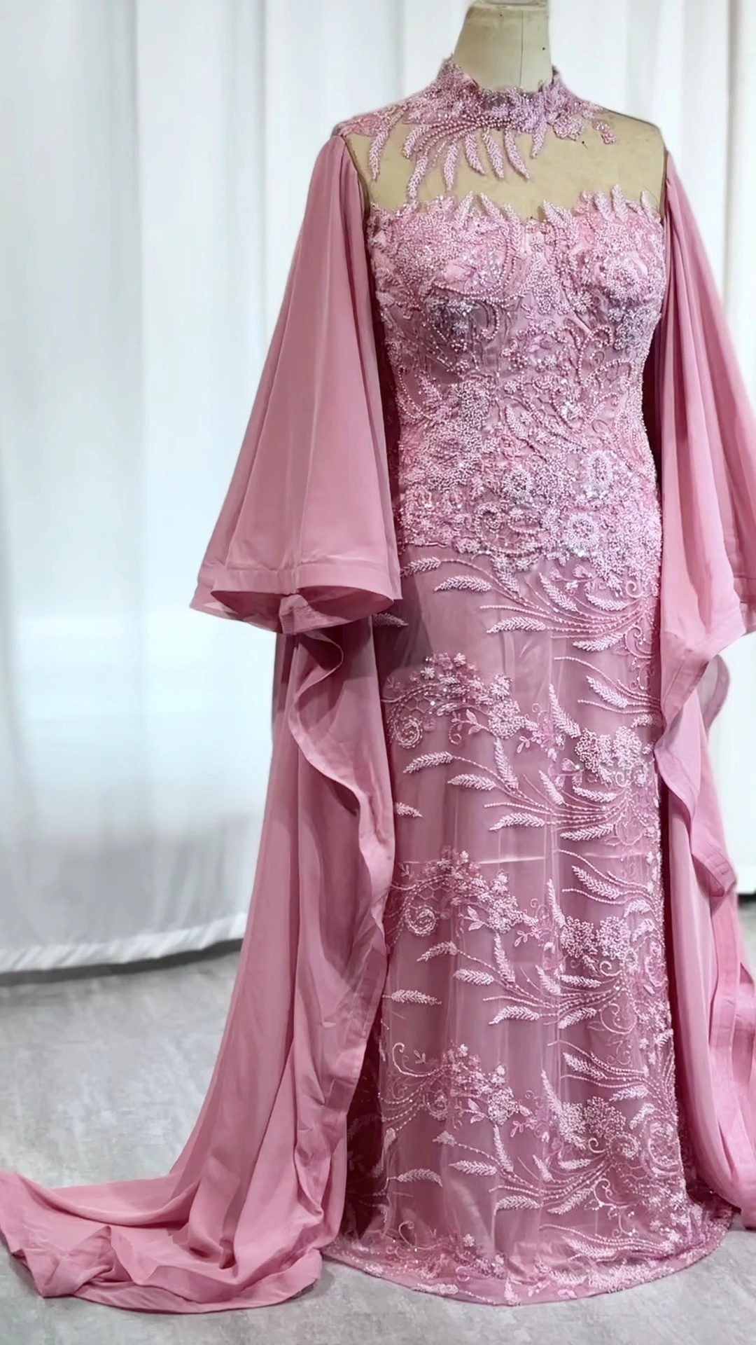 New Arrival High Neckline Prom Dresses mermaid Flowing Long Sleeves RSE1042 Plus Size Mother of Bride Dresses 1
