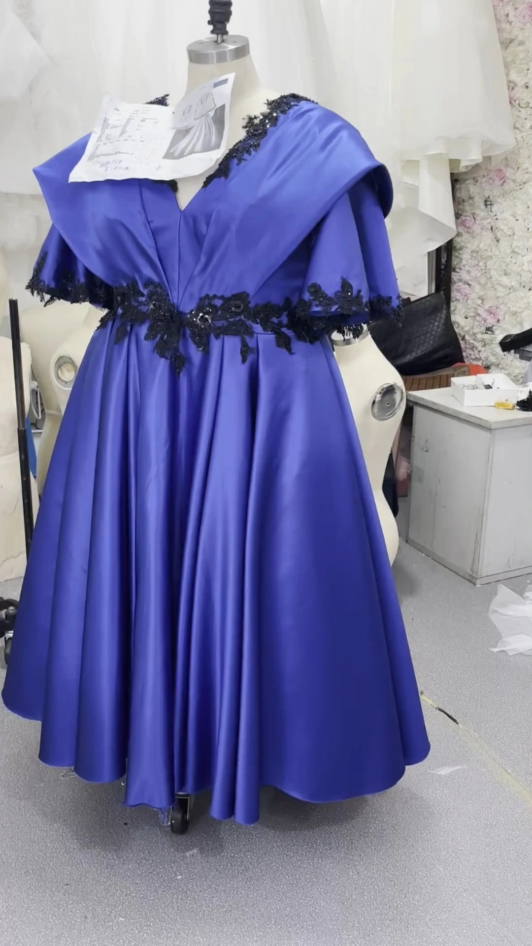 V Neck Tea Length Half Sleeves Midi Dress Royal Blue Prom Dress RSE1001 A-Line Elegant Tea Length Royal Blue Satin Mother of The Bride Dress With Pocket 1