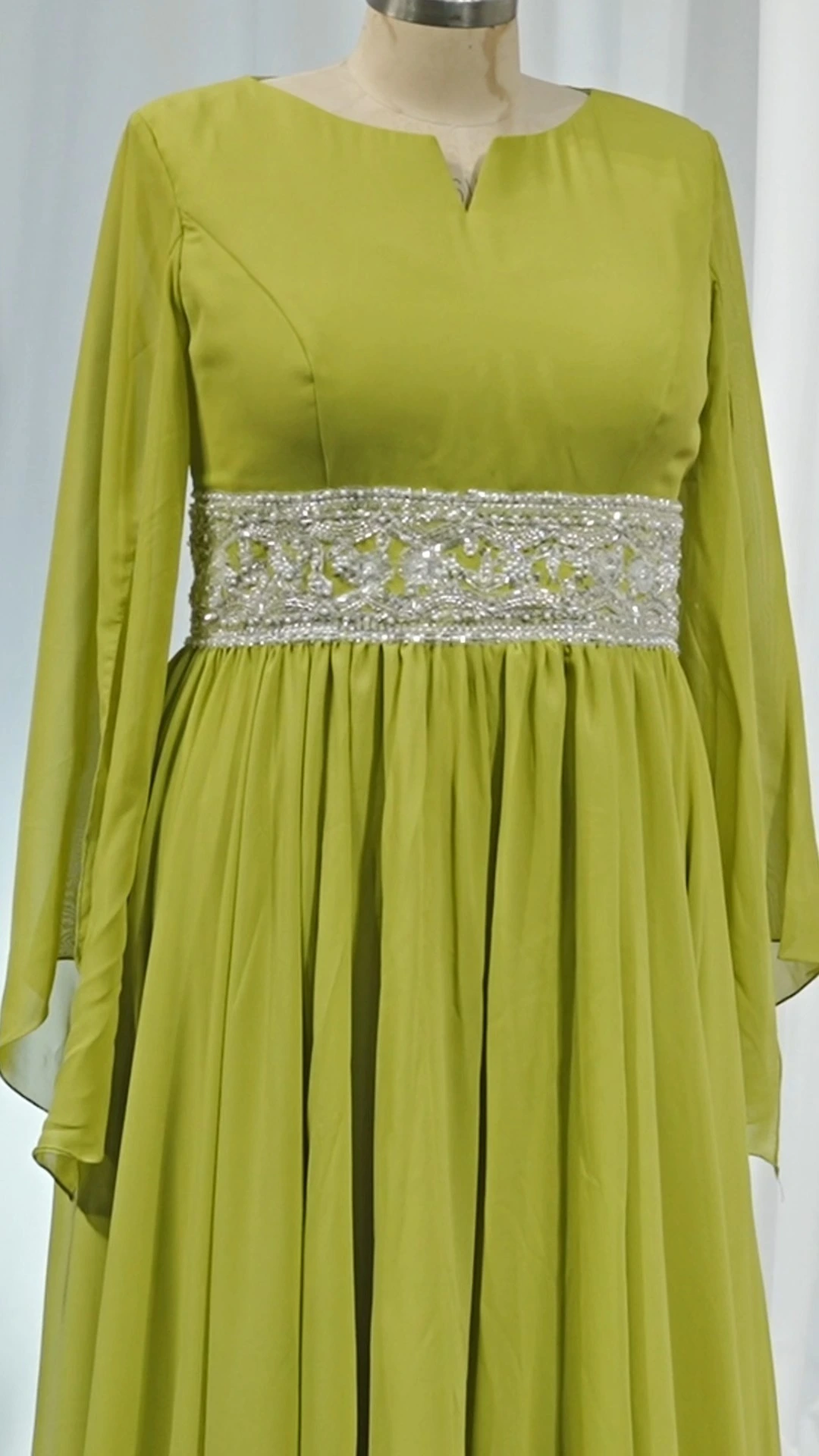 Fabricantes de ropa hechos a medida para mujer, vestido casual de alta calidad RSE1002, vestido de noche islámico verde pistacho con abertura en la manga, maxivestido de gasa, talla grande 1
