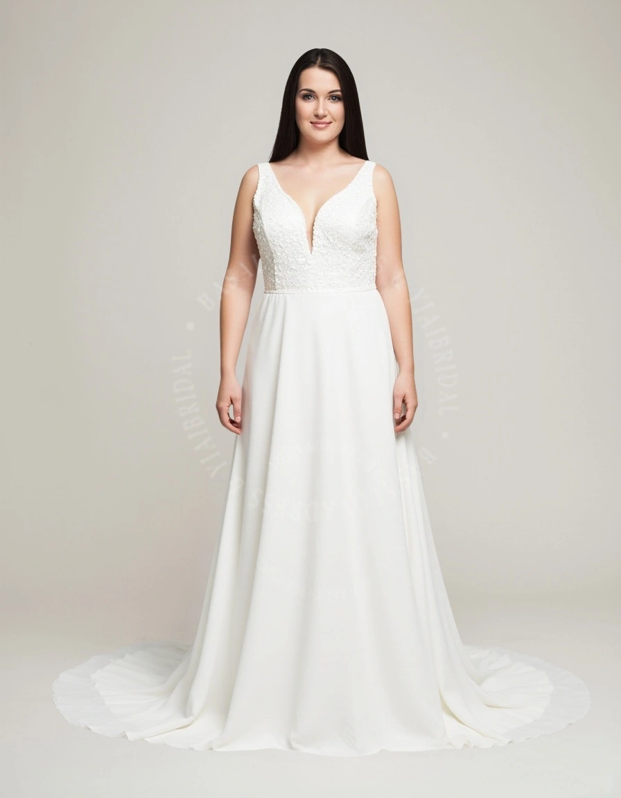 PWD00004 Custom Pattern Deep V Neck Sleeveless Bohemian Plus Size Wedding Dress 1