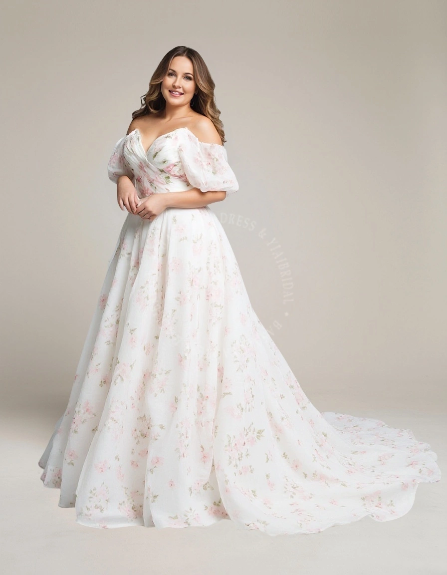PWD00016 Organza Printed Floral Lace-up Back Plus Size Wedding Prom Dress 1