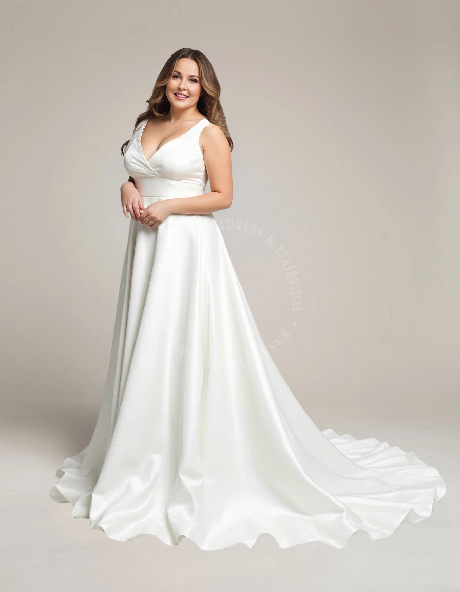 PWD00017 Custom A-line Bridal Gown Elegant V-neck Satin Plus Size Wedding Dress 1