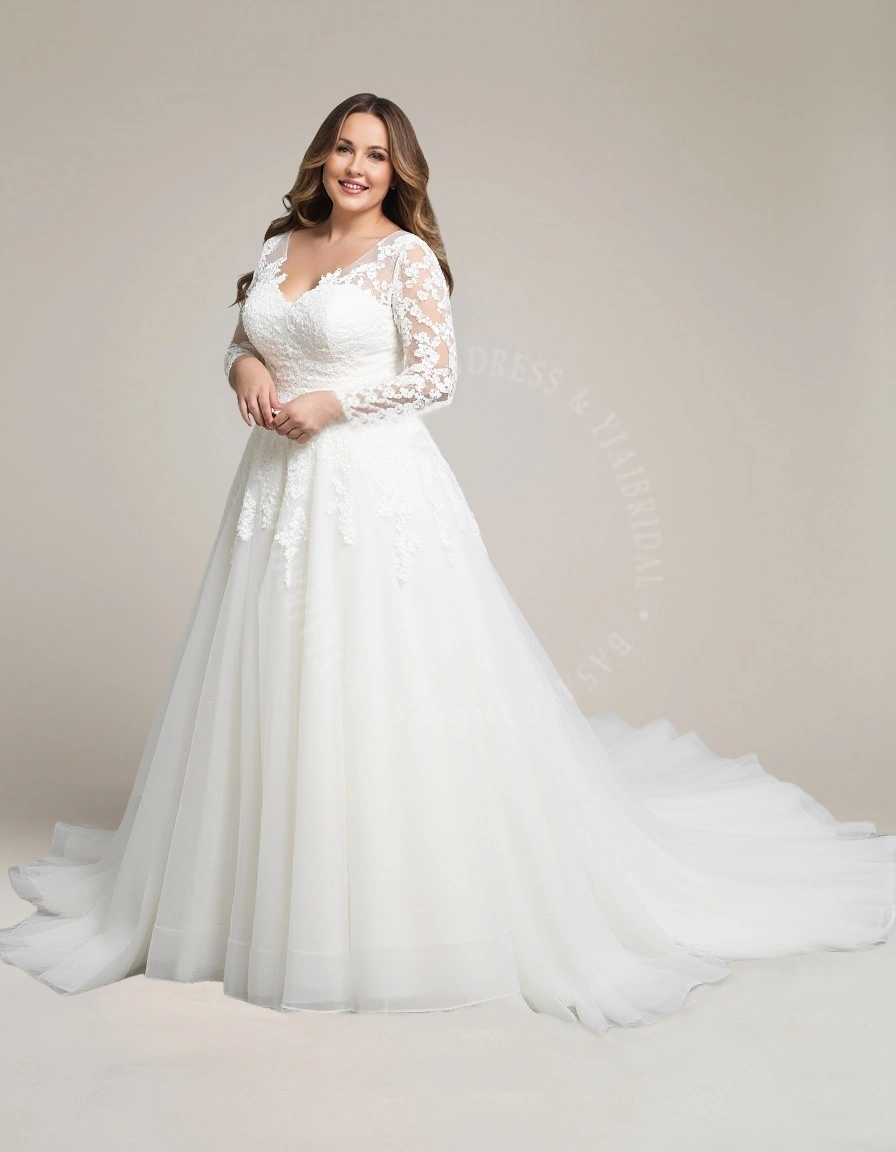 PWD00005 Özelleştirilmiş Zarif Büyük Beden Uzun Kollu Uzun Kuyruklu Gelinlik Dantel Payetli Aplike 1