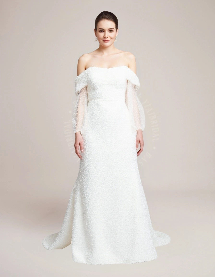 PWD00007 Elegant Shiny Plus Size Mermaid Wedding Dress Off Shoulder Long Sleeve Custom Gown 1