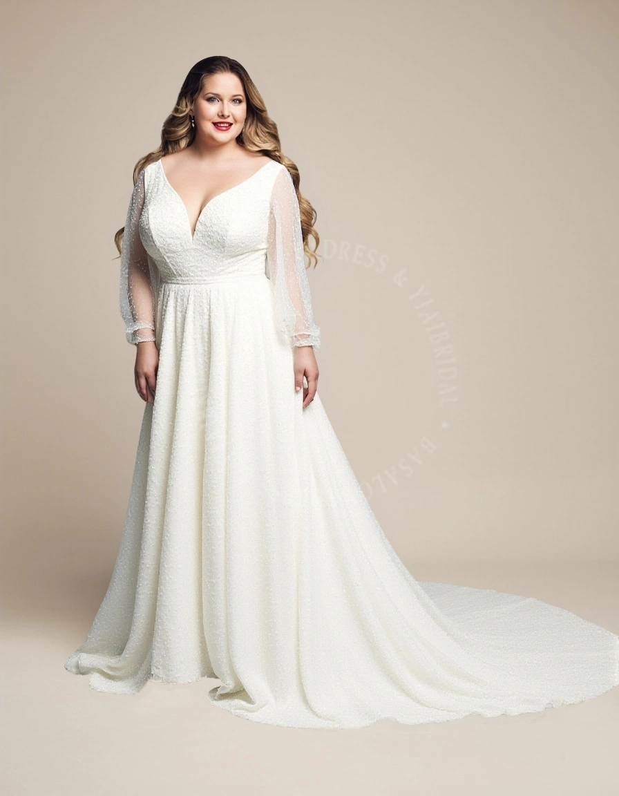 PWD00009 A-Line Deep V Neck Long Sleeve Ivory Wedding Pearl Sequin Satin Bridal Gown 1