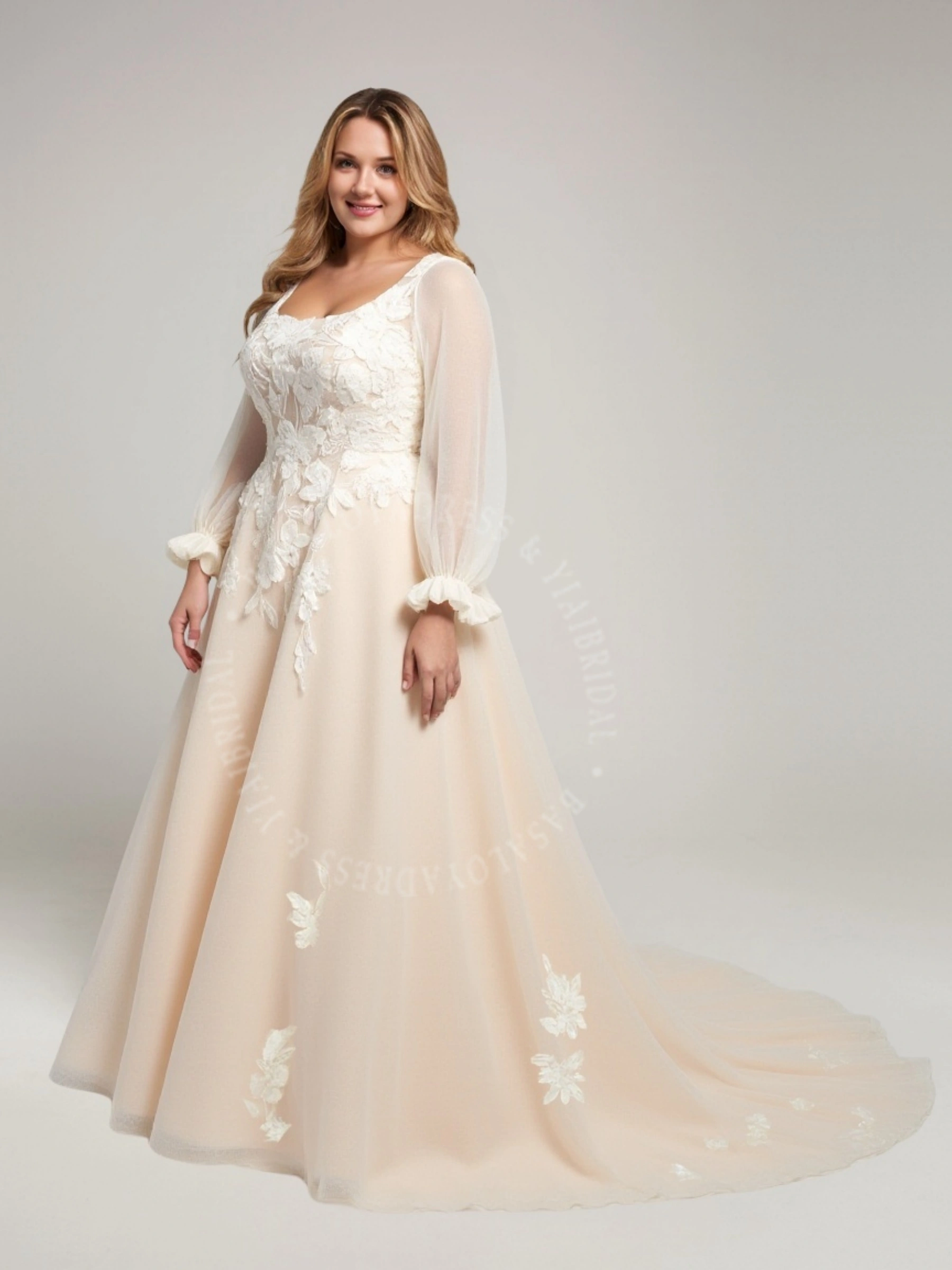 PWD00008 Square Neck Wedding Dress Long Sleeves Tulle Applique A-Line Train Wedding Dress 1