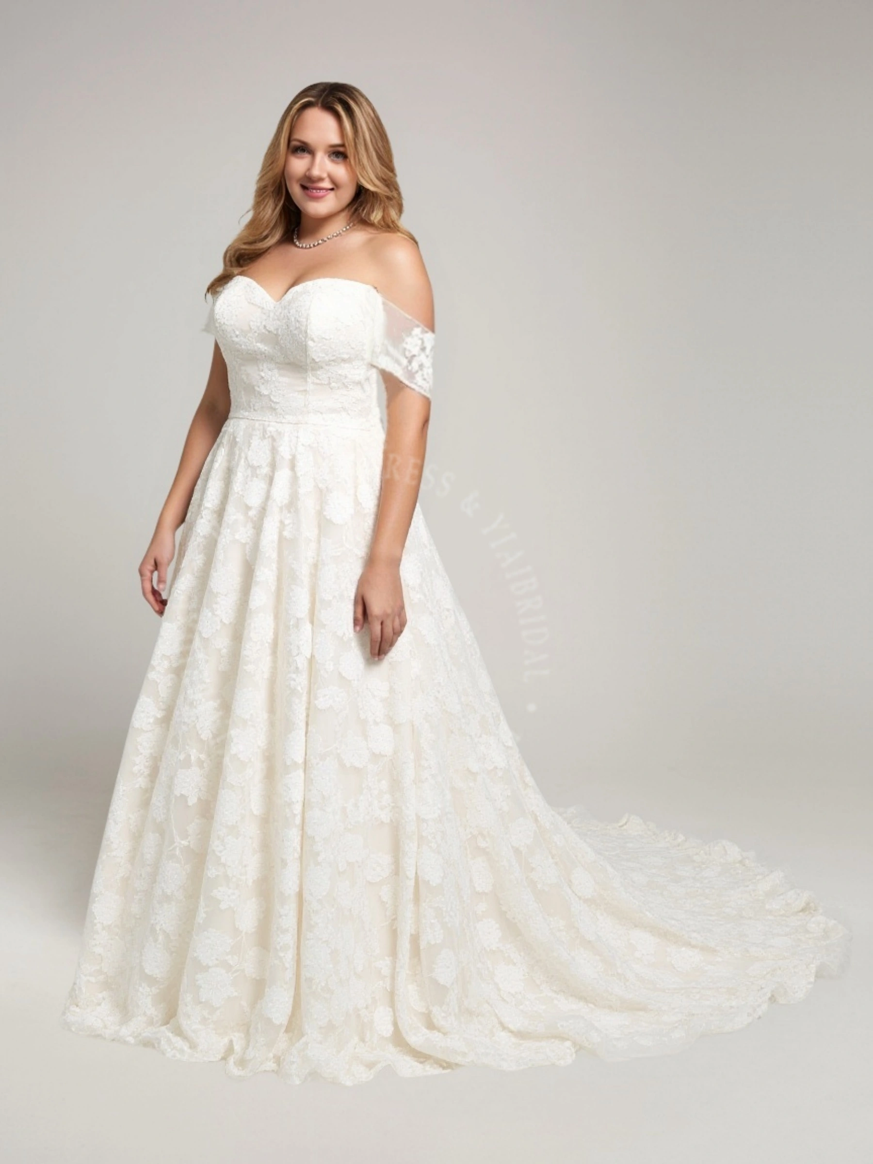 PWD00010 Custom Champagne Off-the-shoulder Lace Applique Plus Size Wedding Dress 1