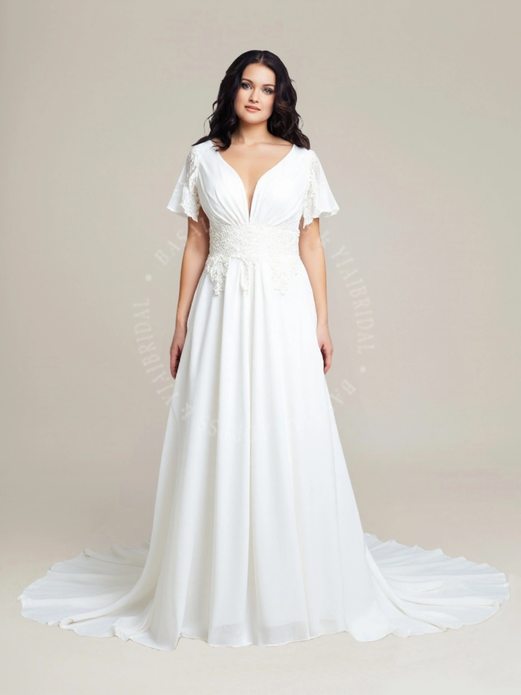 PWD00012 Boho Bell Sleeve Chiffon Plus Size Bridal Gown with Lace Beading 1
