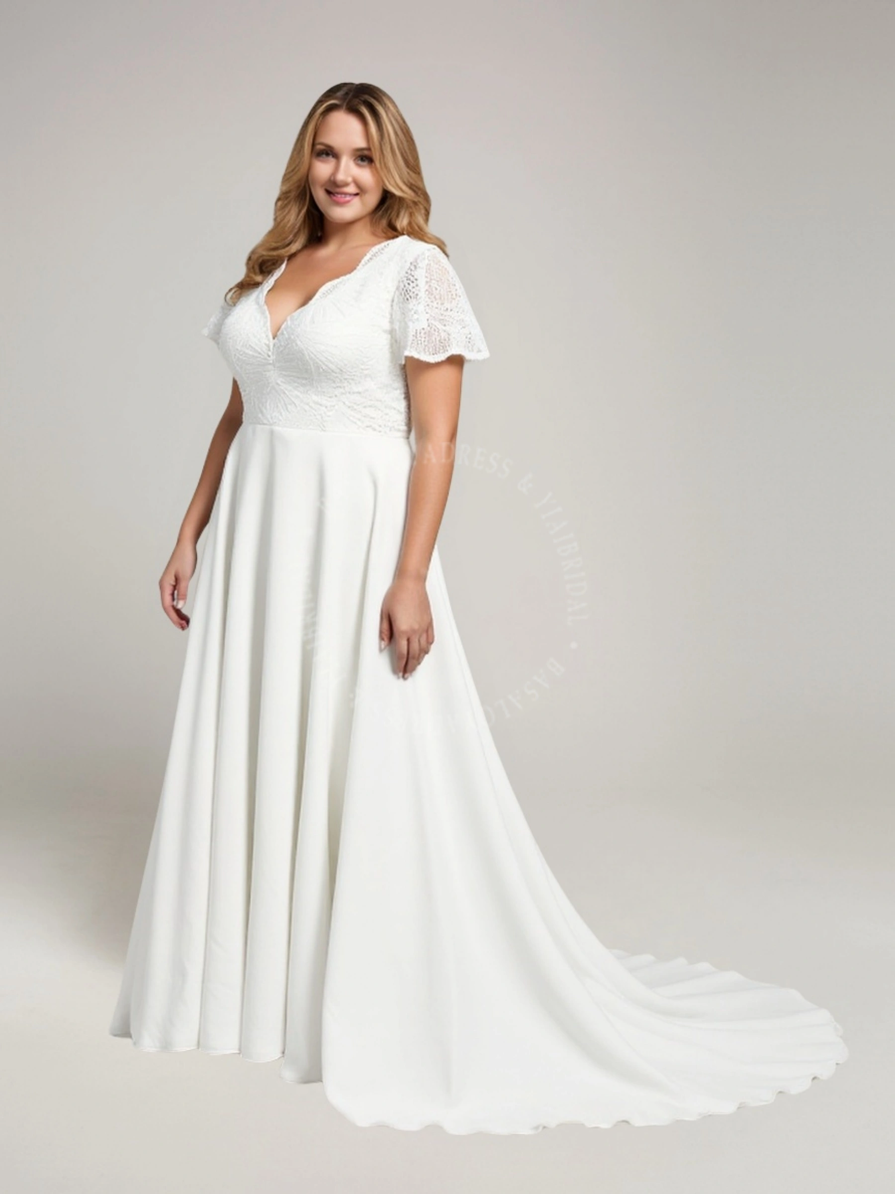 PWD00019 V Neck Bolero Empire Beaded Top Plus Size Wedding Dress 1