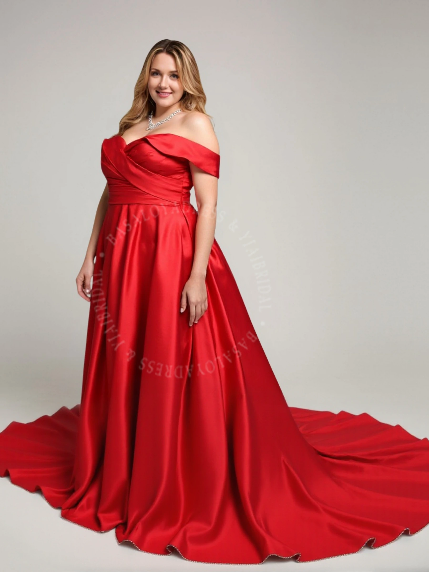 PWD00018 Women's Plus Size Off Shoulder Pleated Long Red Satin Wedding Dress Evening Dress 1
