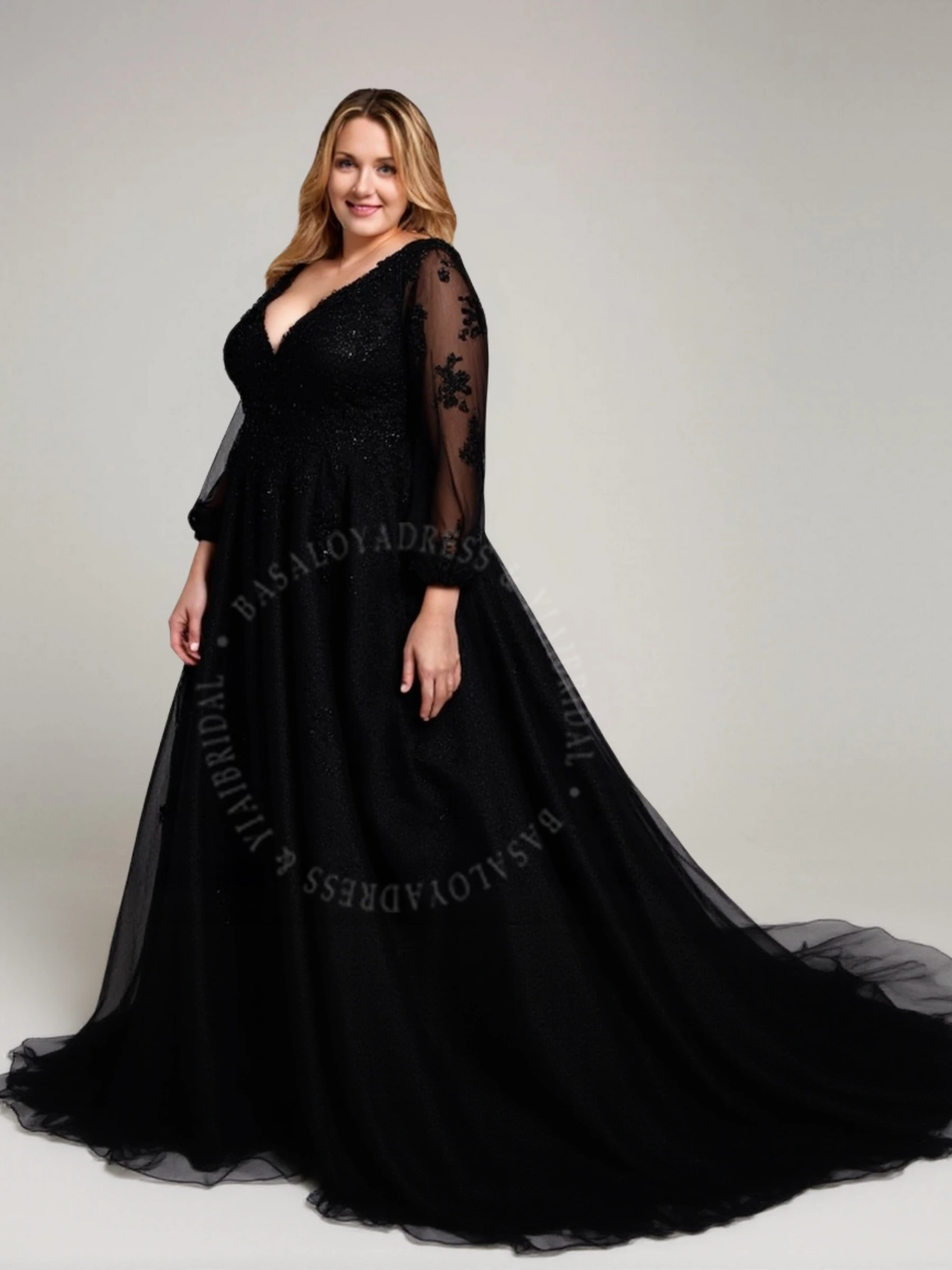 PWD00002 Gothic Black Lace Sequin Plus Size Wedding Dress with Train 1