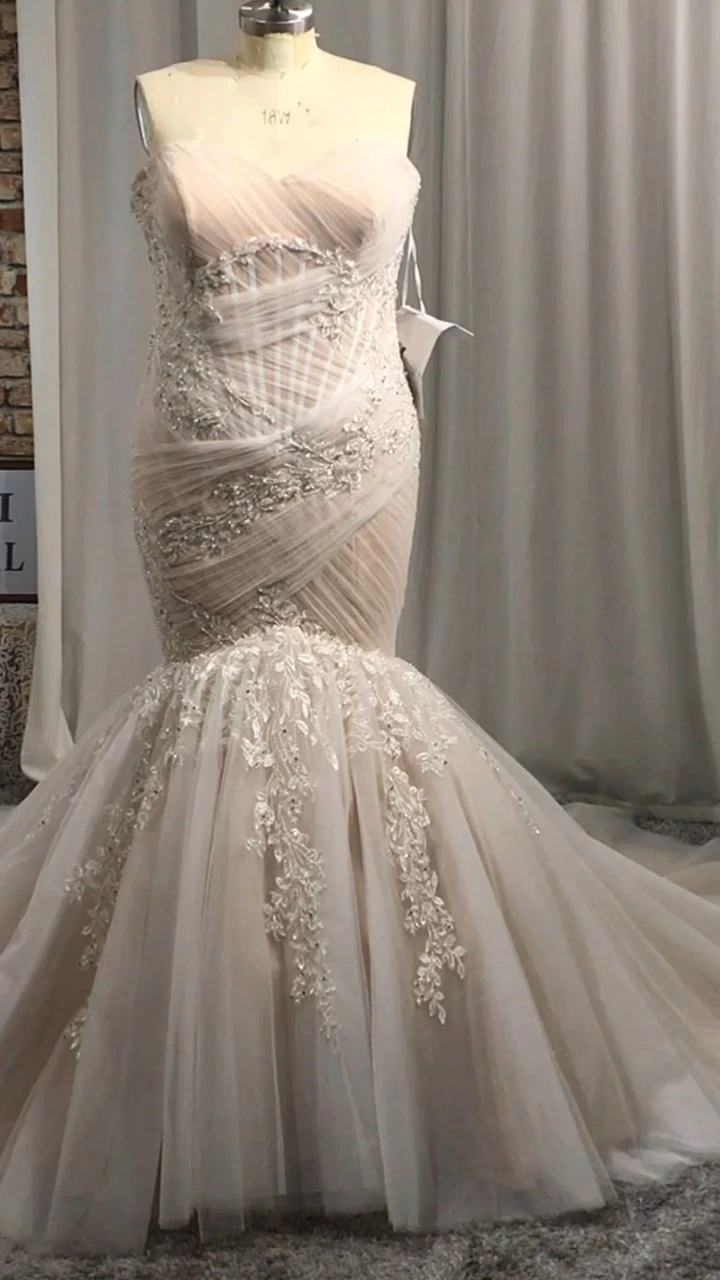 Sexy Sequin Lace Mermaid Sweetheart Pleated Ivory Champagne Wedding Dresses RSW2138 Bridal Robe 1