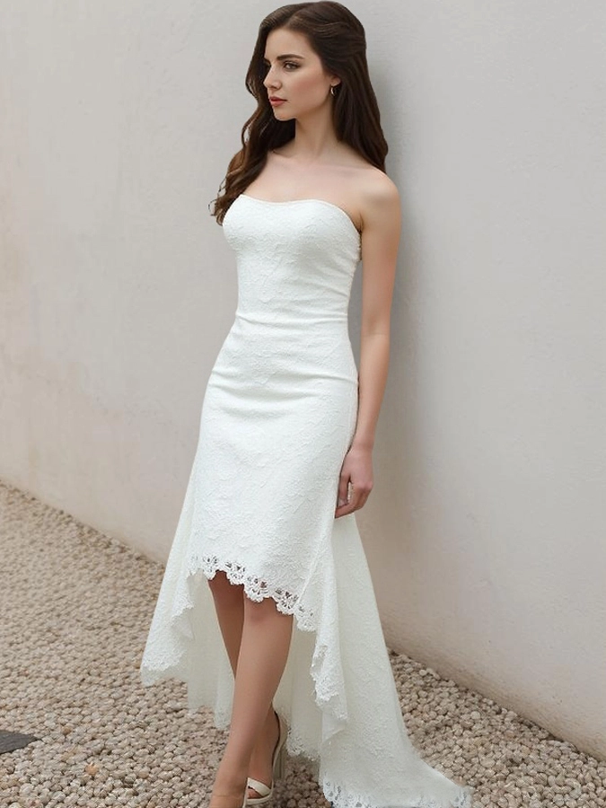 Strapless A-Line Bridal Gown RSW2333 High-Low Asymmetrical Lace Wedding Dress 1
