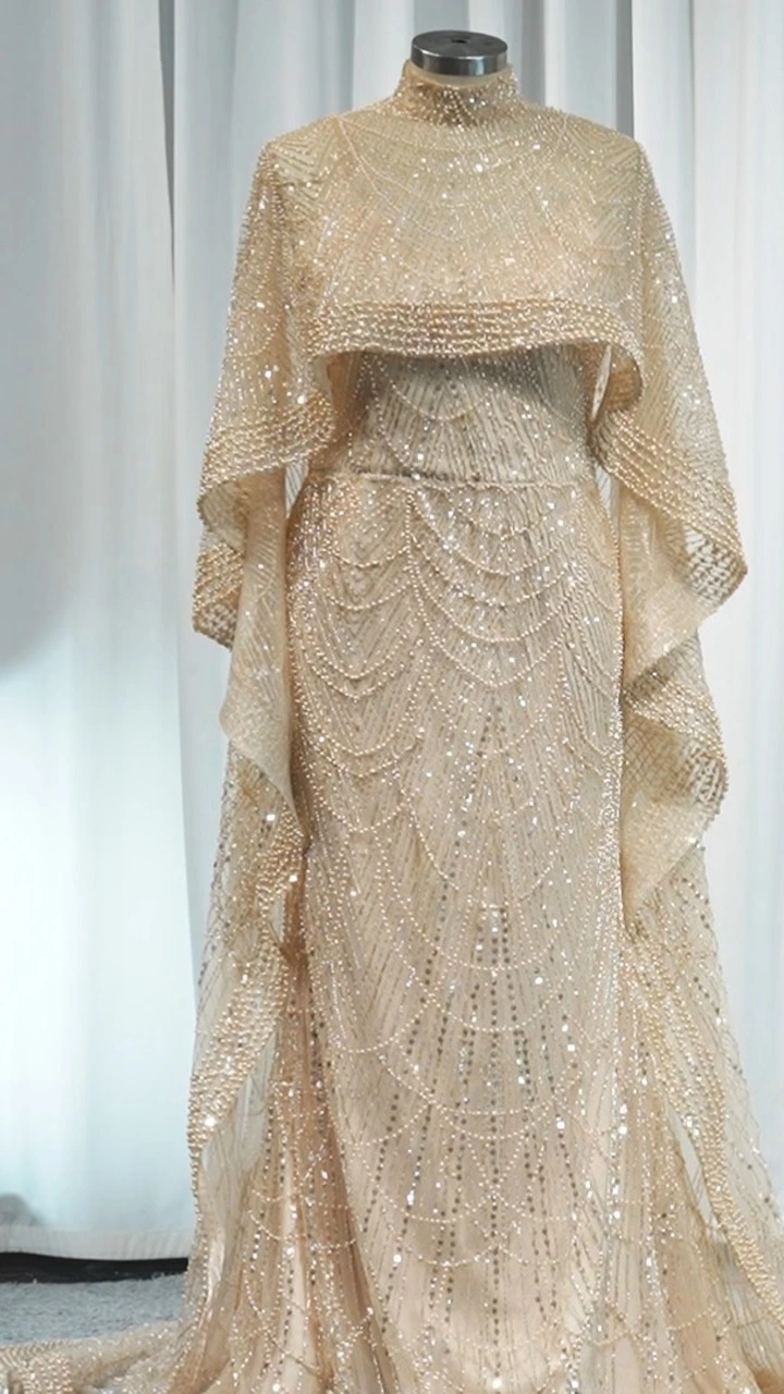 New Arab Women's Prom Dress RSW2195 Luxury Pearl Dubai Champagne Evening Dress With Cape 1