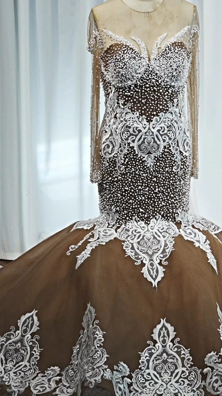 RSW2322 Robe de mariée de sirène nigériane: applications en dentelle en perles, robe nuptiale à manches longues, fabriquée sur mesure 1