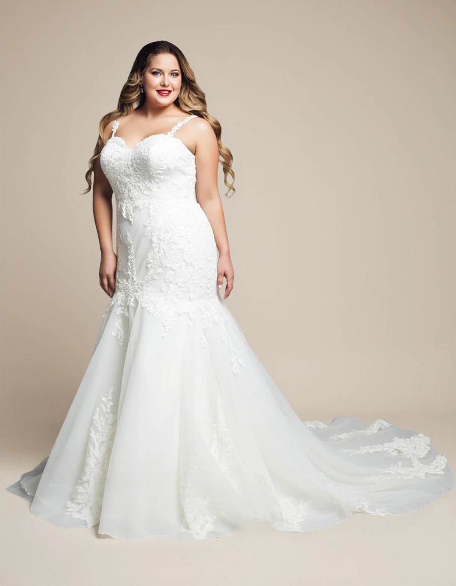 PWD00020 Elegant V Neck Lace Plus Size Mermaid Wedding Dress 1