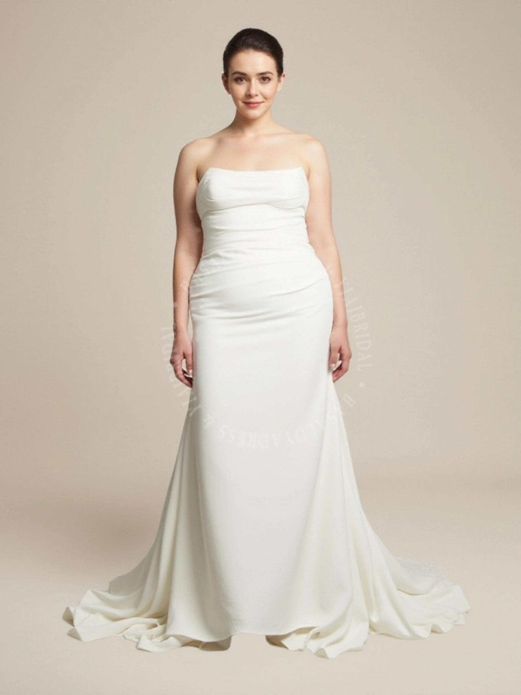 PWD00021 Strapless Draped Satin Mermaid Plus Size Wedding Dress 1