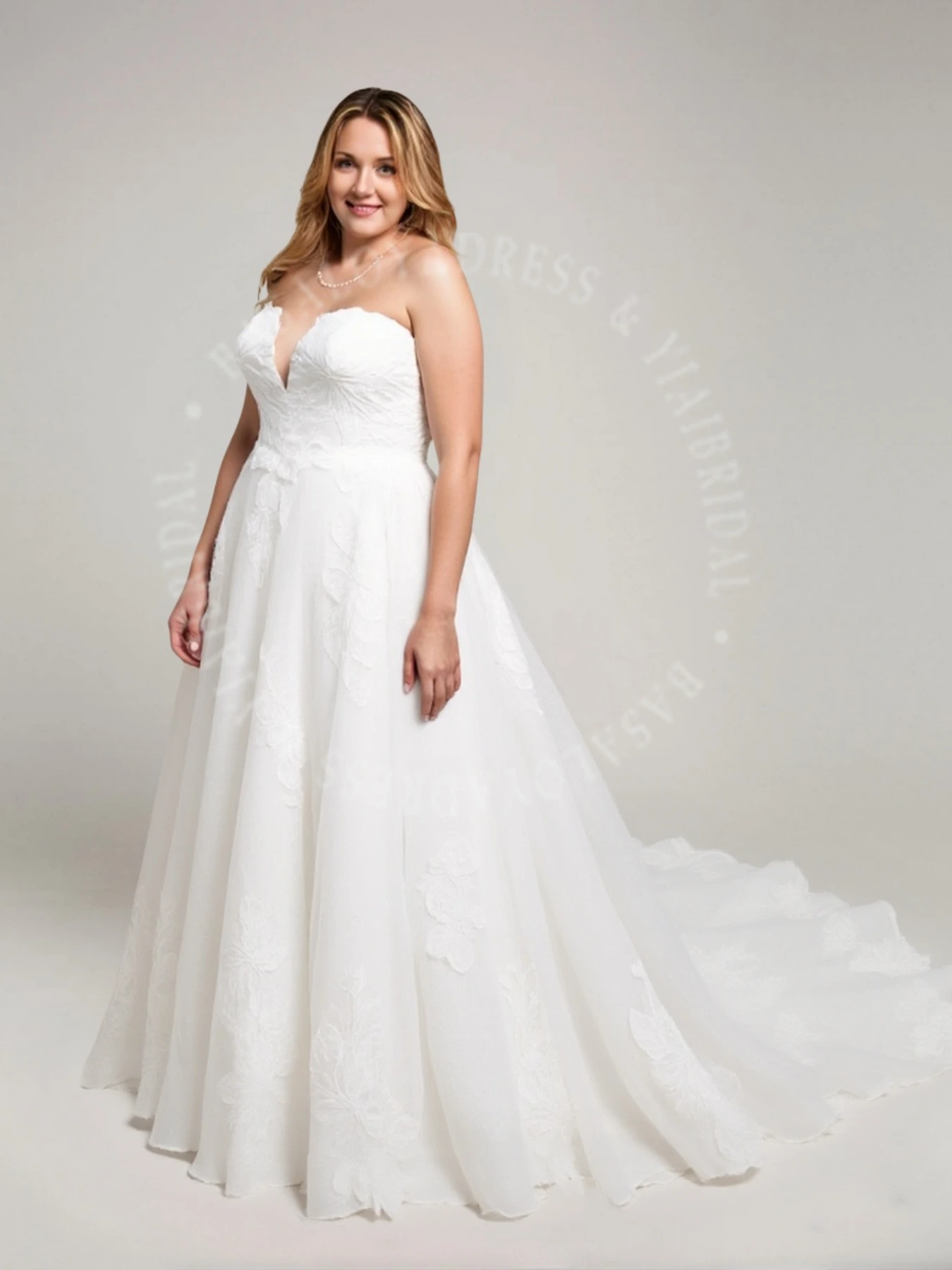 PWD00023 V-Neck Lace Applique A-Line Plus Size Wedding Dress with Train 1