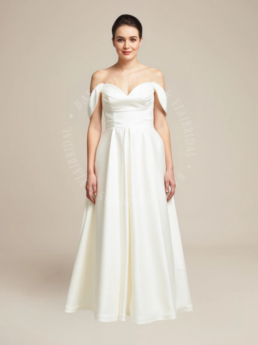 PWD00013 Plus Size Bride Off-the-shoulder Ivory Wedding Dress with No Train 1