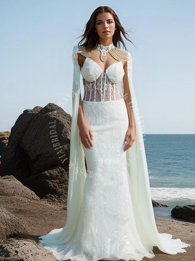 Lace  Beaded Sparkle Mermaid Wedding Dress With Cape RSW2155 Goddess Tailor Made Bridal Dress 1