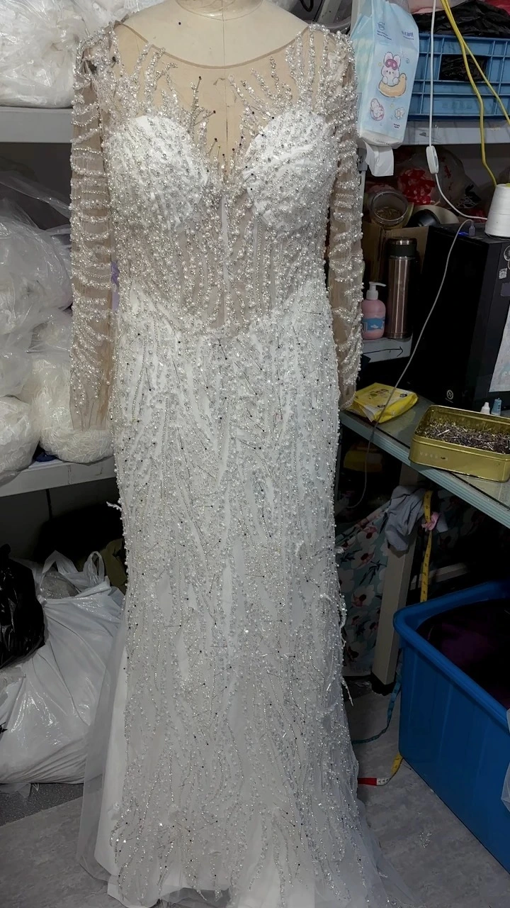 Silver Beaded Lace Appliques Bridal Gown RSW2236 Long Sleeves Wedding Dress Mermaid 1