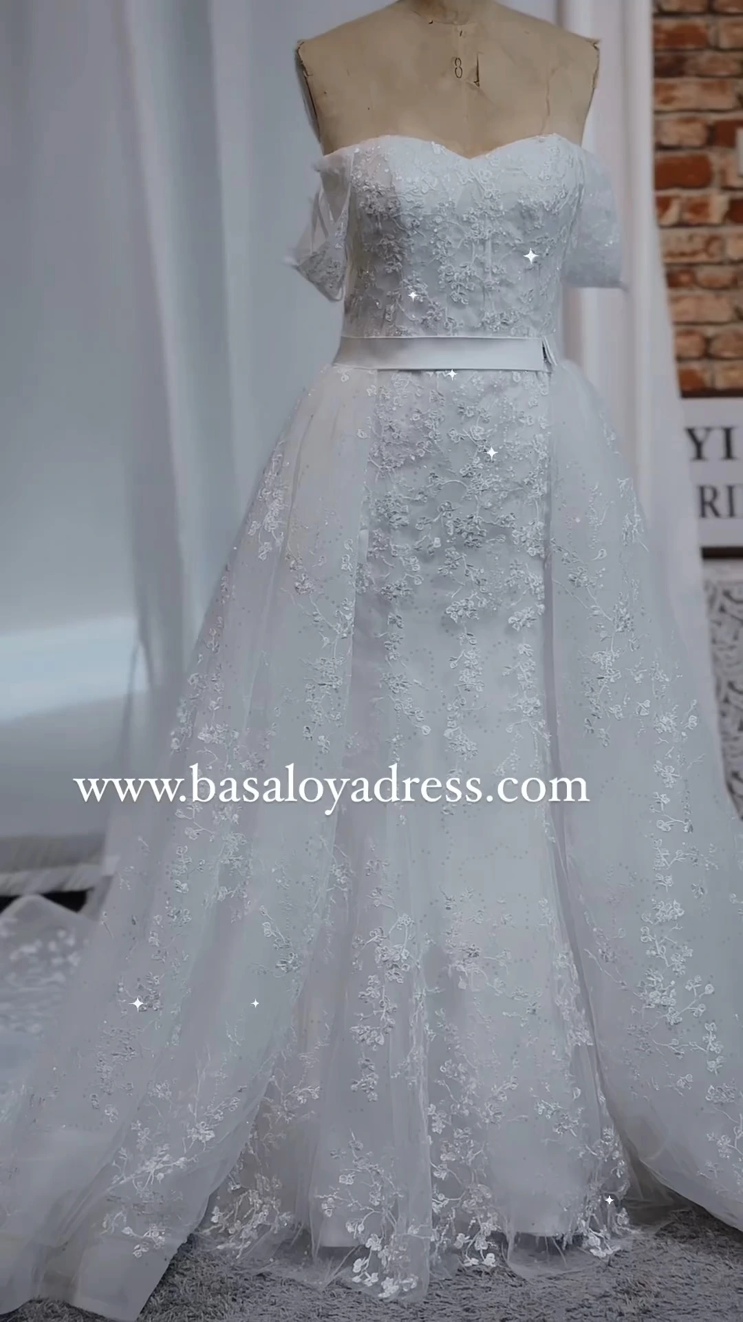 Custom Wedding Dresses RSW2300 Off Shoulder Sweetheart Sparkly Ball Gown Wedding Dress With Detachable Train 1