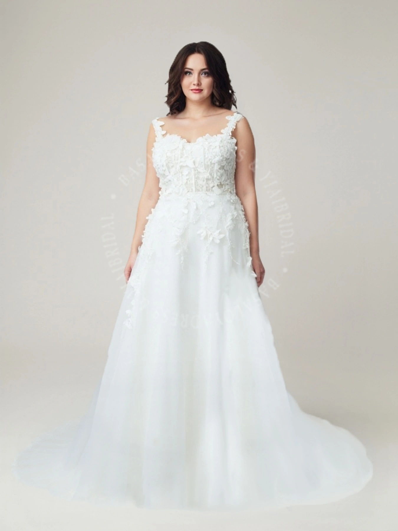 PWD00030 Custom Beaded Off-the-shoulder 3D Flower Plus Size Wedding Dress with Straps 1