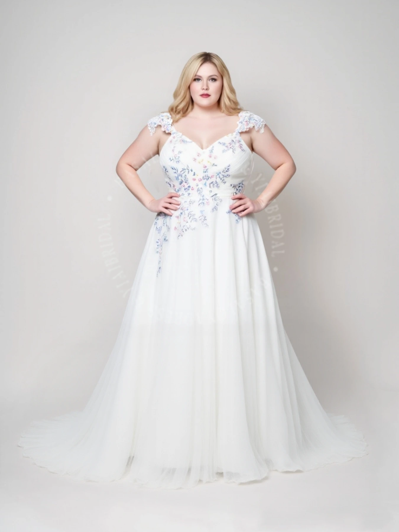 PWD00029 Eye-catching Custom Colorful Floral Beaded A-line Plus Size Wedding Dress 1