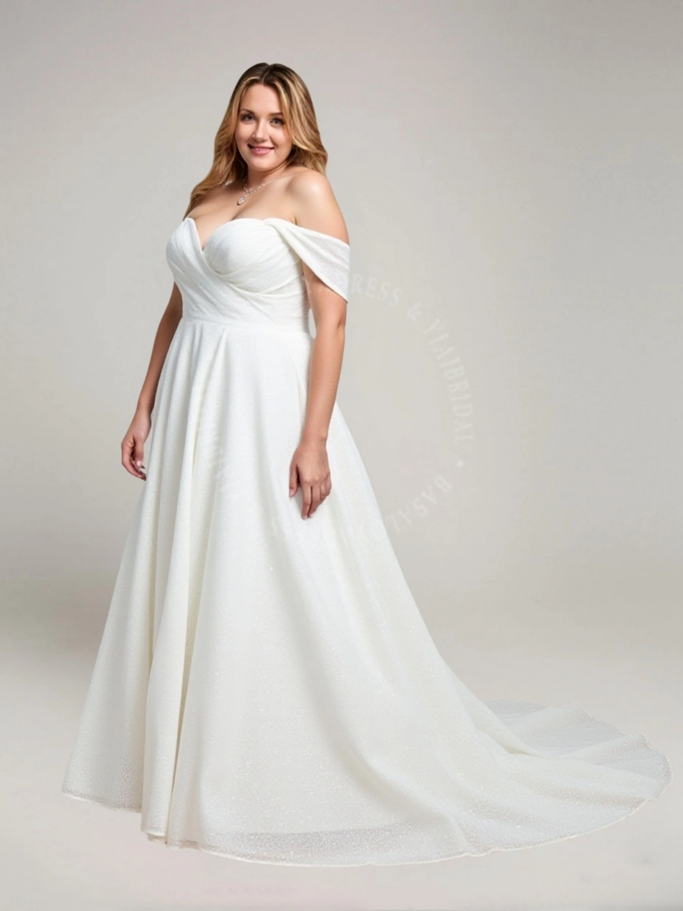 فستان زفاف PWD00027 من التول المرصع بالنجوم مكشوف الكتفين بمقاس كبير 1