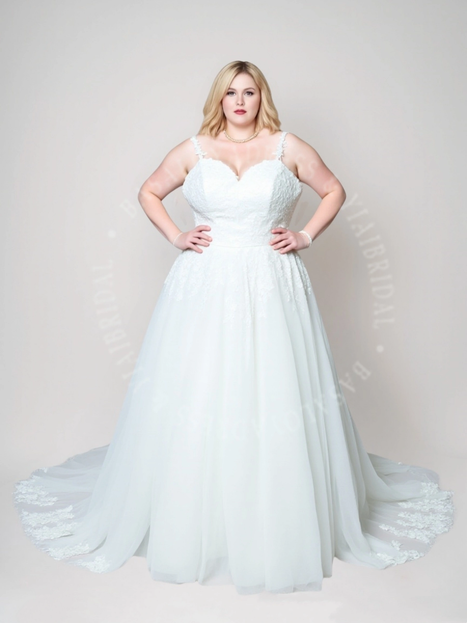 PWD00032 Custom Summer A-line Tulle Soft Lace Plus Size Wedding Dress with Spaghetti Straps 1