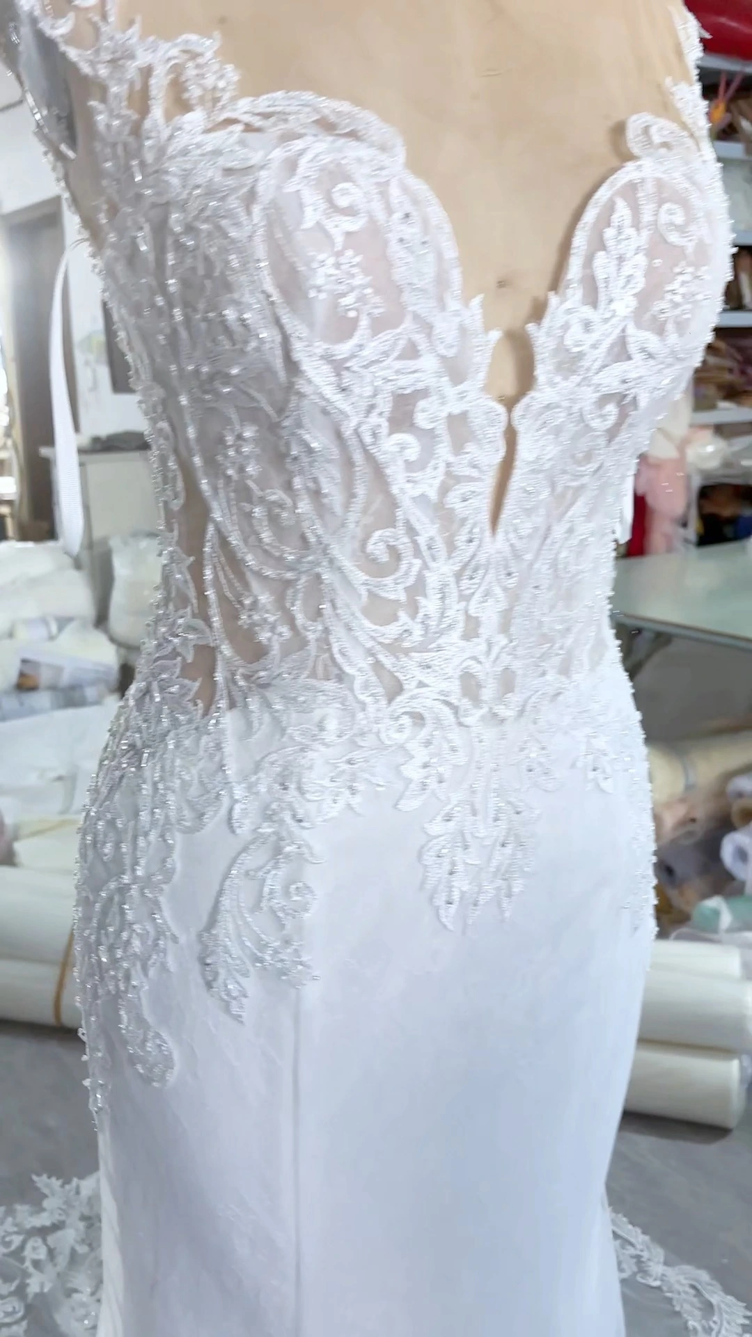 Custom Bride Dress RSW2250 Illusion Back Mermaid Lace Wedding Dresses Applique Bohemian V Neck 1