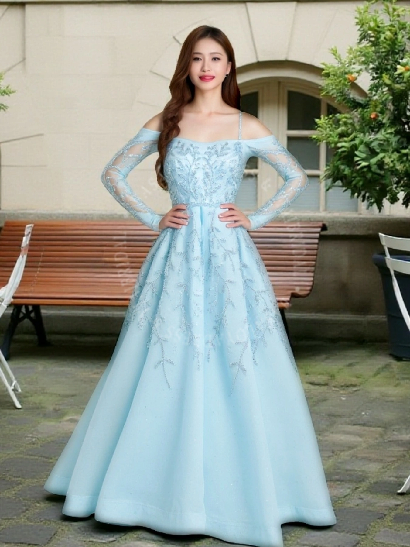 DES00001 Elegant Luxury Hand-sewn Beaded Tulle Long Sleeve Evening Dress Party Ball Gown 1