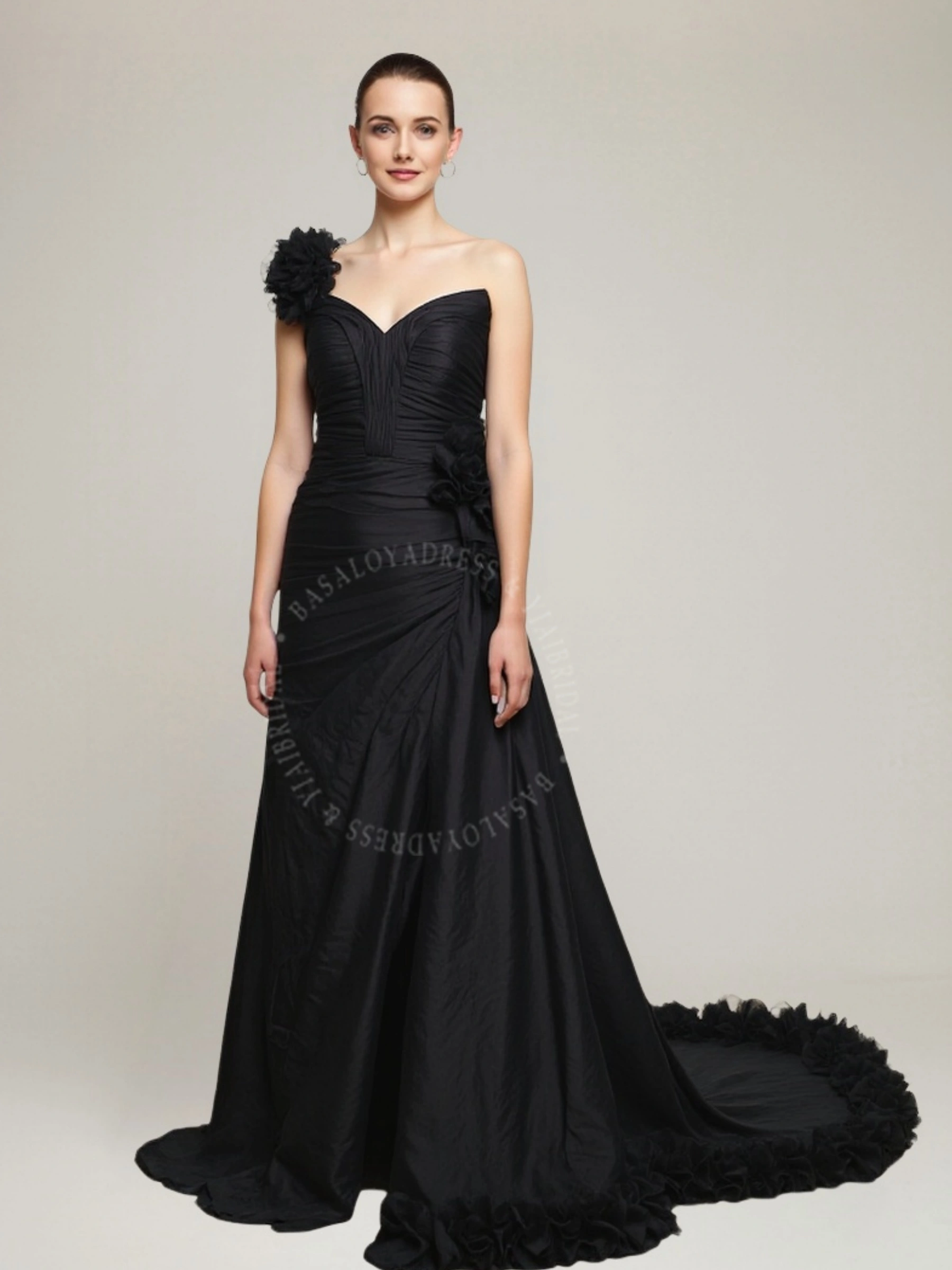 WD00001 Beach Style Elegant Handmade 3D Flowers One Shoulder Black Sleeveless Ruffle Chiffon Wedding Dress 1