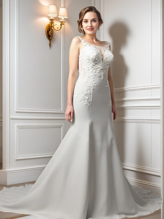 Cut-Out Train Lace Italy Satin Mermaid Wedding Dress RSW2090 Plus Size Curvy Bridal Gown Illusion Back 1