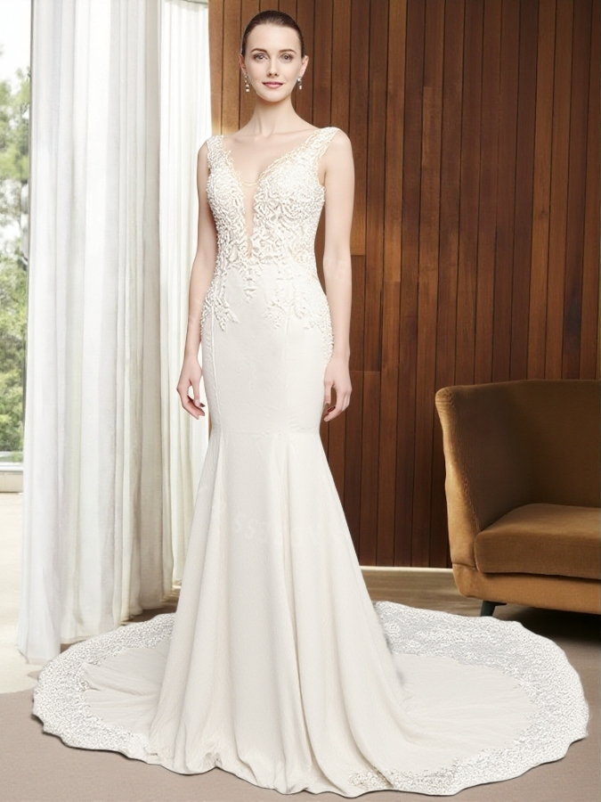 Glamorous Cut-out Train Sleeveless V Neck Mermaid Fit and Flare Crepe Wedding Dress RSW1959 White Lace Appliques Bridal 1