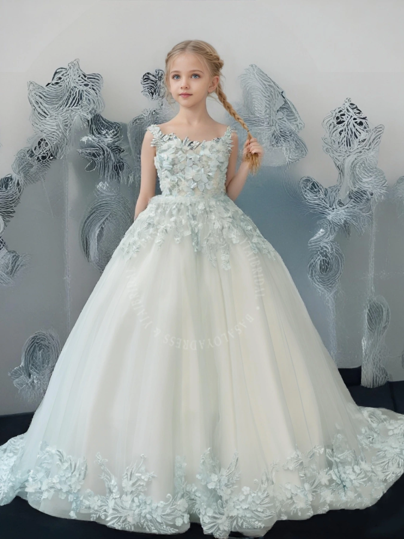 BGD00003 Baby Girl Light Blue 3D Flower Birthday Princess Ball Gown Dress with Train 1