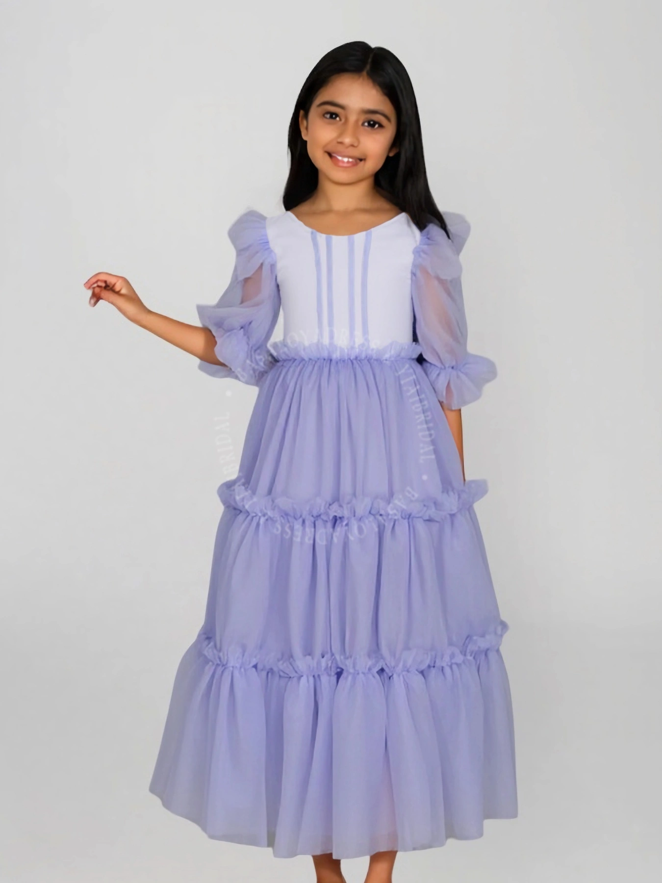 BGD00005 Customized New Bohemian Style Half Sleeve Purple Fluffy Flower Girl Long Dress Ruffled Birthday Dress 1