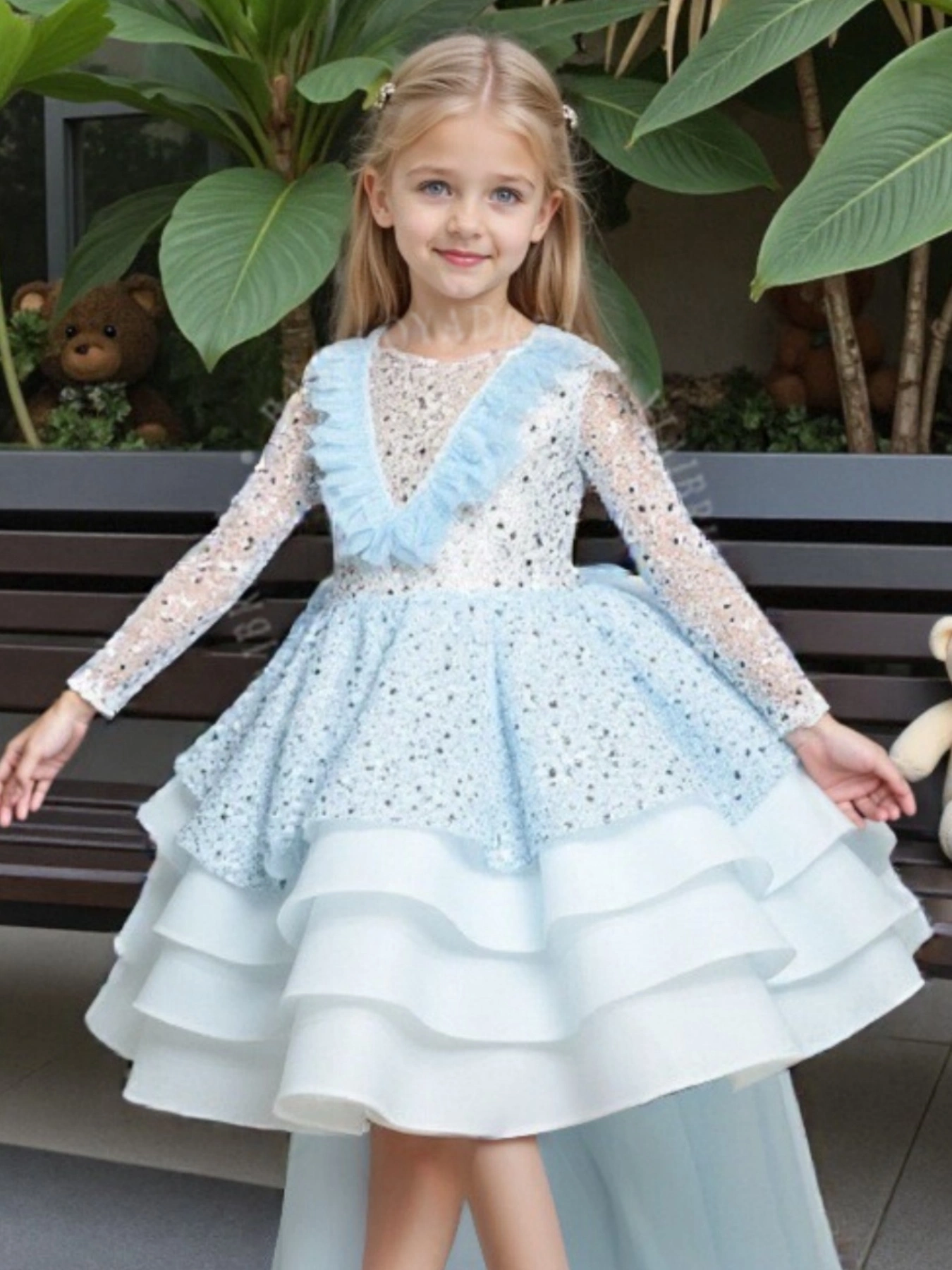 BGD00001 Blue Children's Birthday Party Fluffy Wedding Flower Girl Dress Photoshoot Princess Dress Dress with Train 1
