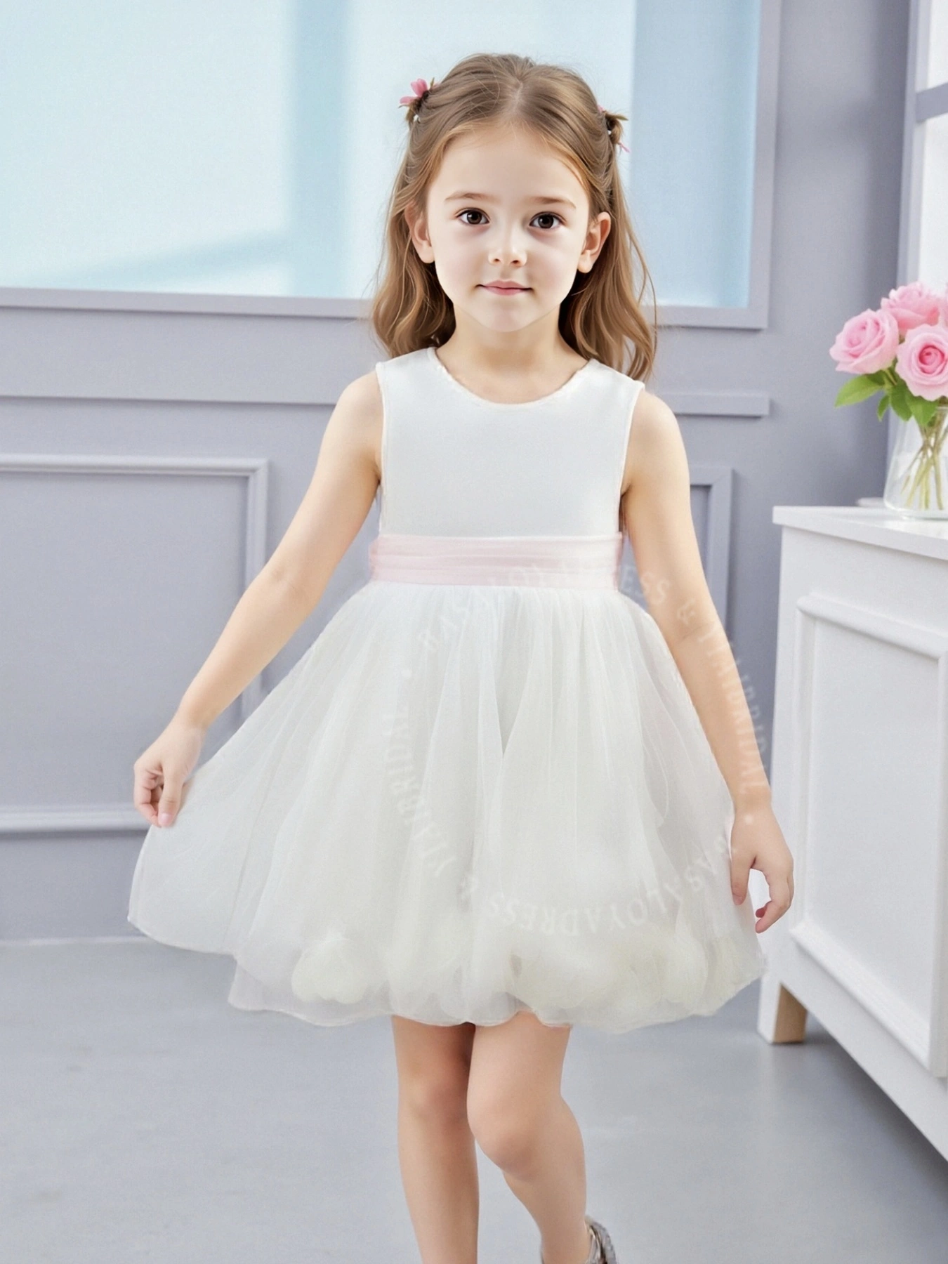 BGD00007 WHITE PINK Flower Girl Dress Short Ball-Gown Petals Dance Birthday Formal Gown Wedding Party with 3D Bow 1