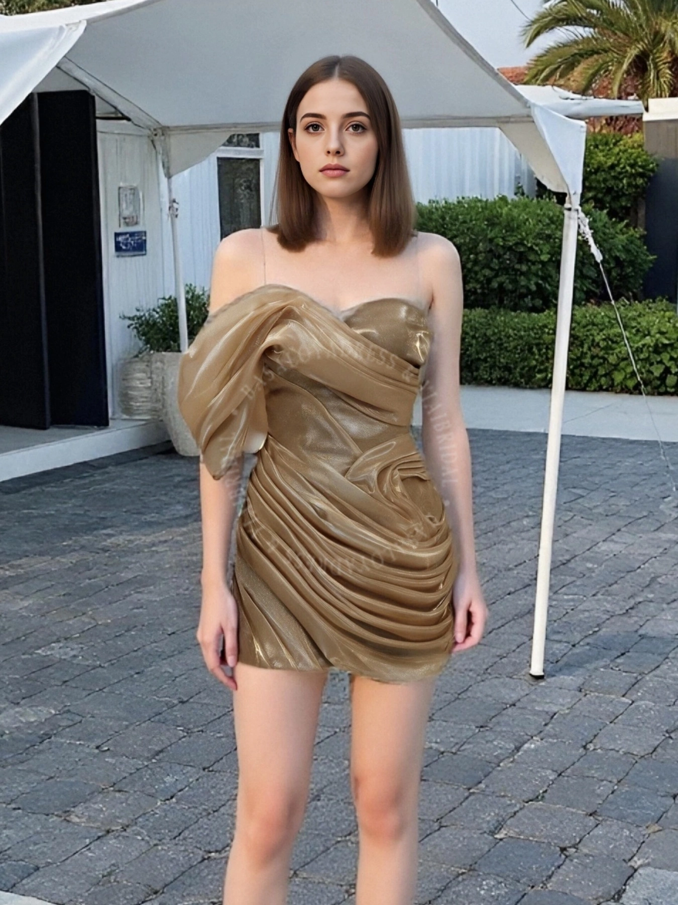 SD00005 مخصص واحد كتف من الذهب الذهب القصيرة فستان حفل العودة للوطن 1