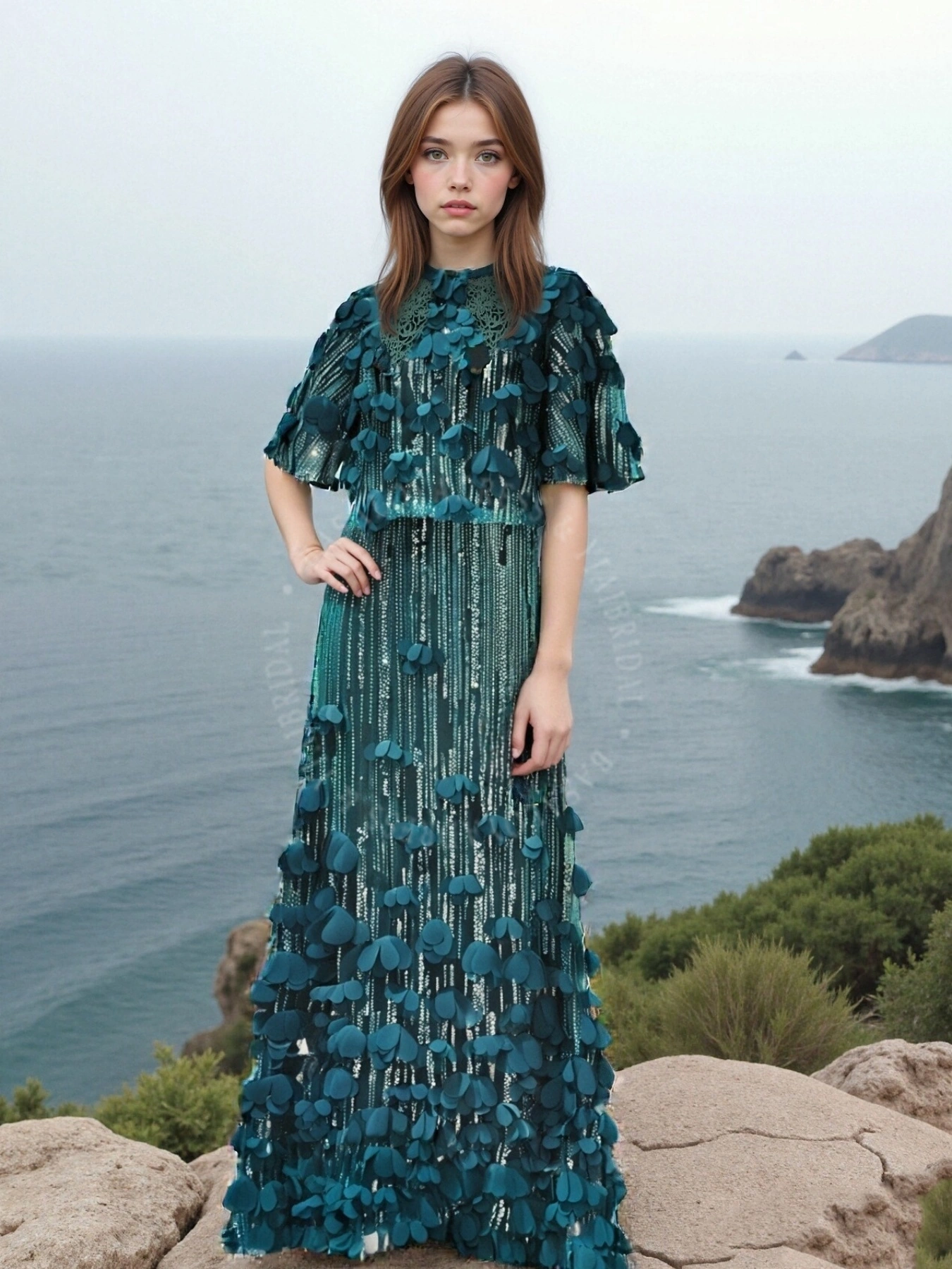 DES00002 Custom Timeless and Elegant Teal Petite Sequin Applique Midi Sleeve Dress with Romantic Applique Flowers 1